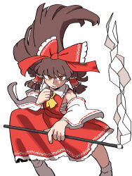 Rule 34 | 1girl, absurdres, ascot, brown eyes, brown hair, chest sarashi, commentary, detached sleeves, eddybird55555, english commentary, gohei, hakurei reimu, highres, holding, long hair, looking at viewer, parted lips, red shirt, red skirt, ribbon-trimmed sleeves, ribbon trim, ringed eyes, sarashi, shirt, simple background, skirt, socks, solo, touhou, white background, white socks, wide sleeves, yellow ascot