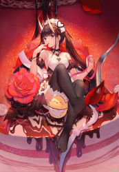 Rule 34 | 1girl, absurdres, apron, atdan, azur lane, bare legs, bare shoulders, black dress, black hair, black thighhighs, blunt bangs, bow, breasts, detached sleeves, dress, feet, flower, food, fork, fruit, full body, highres, holding, holding food, holding fruit, holding ribbon, horns, long hair, looking at viewer, maid headdress, manjuu (azur lane), medium breasts, noshiro (azur lane), noshiro (hold the ice) (azur lane), official alternate costume, oni horns, pink ribbon, puffy short sleeves, puffy sleeves, purple eyes, red flower, red rose, ribbon, rose, short sleeves, sitting, soles, solo, strawberry, thighhighs, thorns, toes, twintails, very long hair, white apron, white bow