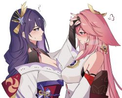 Rule 34 | 2girls, ?, blush, breasts, cleavage, genshin impact, hand to forehead, highres, mole, mole under eye, multiple girls, nail polish, parted lips, pink hair, purple eyes, purple hair, purple nails, raiden shogun, rudang, simple background, sweatdrop, vision (genshin impact), white background, yae miko, yuri
