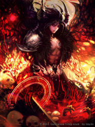 Rule 34 | 1boy, armor, artist name, belt, bone, burning, center opening, copyright name, demon boy, demon horns, expressionless, fire, flaming hand, full body, fur trim, heyjin, horns, looking at viewer, magic circle, male focus, muscular, parted lips, pauldrons, pile of skulls, red eyes, ribs, shoulder armor, shoulder pads, single horn, skull, solo, standing, tattoo, trinity souls, watermark, wings