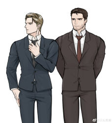 Rule 34 | 2boys, absurdres, adjusting clothes, adjusting necktie, alternate costume, alternate hairstyle, arms behind back, bao (bobobao21), bara, beard, blue suit, brown hair, brown suit, chris redfield, collared shirt, facial hair, feet out of frame, formal, hair slicked back, highres, husband and husband, large pectorals, leon s. kennedy, looking to the side, male focus, mature male, multiple boys, muscular, muscular male, necktie, pectorals, resident evil, resident evil 4, resident evil 4 (remake), shirt, short hair, sideburns, standing, stubble, suit, sweatdrop, yaoi