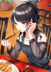 Rule 34 | 1girl, bare shoulders, black hair, blue dress, blunt bangs, blurry, blurry background, bokeh, bracelet, chair, chopsticks, depth of field, detached sleeves, dress, dumpling, food, hand up, highres, holding, holding food, idolmaster, idolmaster shiny colors, jewelry, kazano hiori, ketchup, long hair, necklace, open mouth, plant, plate, ponytail, purple eyes, restaurant, shinishi chiho, sitting, solo, strapless, strapless dress, table
