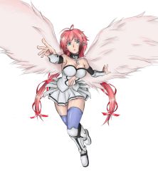 Rule 34 | 1girl, antenna hair, bare shoulders, blue eyes, boots, breasts, chain, cleavage, clothing cutout, collar, detached sleeves, drawfag, hair ribbon, highres, ikaros, knee boots, large breasts, long hair, navel, navel cutout, pink hair, reaching, reaching towards viewer, ribbon, skirt, solo, sora no otoshimono, thighhighs, twintails, very long hair, wings