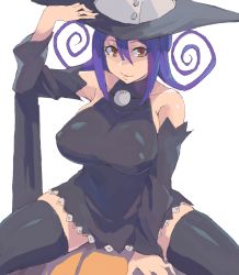 Rule 34 | 1girl, bare shoulders, black thighhighs, blair (soul eater), breasts, brown eyes, curly hair, detached sleeves, hat, highres, large breasts, light smile, long hair, minakami (flyingman555), parted lips, purple hair, simple background, solo, soul eater, spread legs, thighhighs, thighs, white background, witch hat