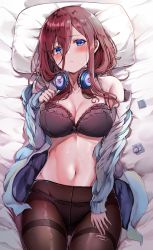 Rule 34 | 1girl, absurdres, bed, bed sheet, blue cardigan, blue eyes, blush, bra, breasts, brown hair, cardigan, cleavage, closed mouth, collared shirt, condom, from above, go-toubun no hanayome, hair between eyes, headphones, headphones around neck, highres, lace, lace bra, large breasts, long hair, long sleeves, looking at viewer, lying, nakano miku, on back, open clothes, open shirt, pantyhose, pillow, pout, sak (lemondisk), shirt, solo, sweat, torn clothes, torn pantyhose, underwear, white shirt