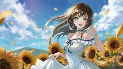 Rule 34 | 1girl, bare shoulders, blush, brown hair, choker, clothes lift, cloud, collarbone, dress, dress lift, field, flower, green eyes, hand up, highres, long hair, looking at viewer, mountain, off-shoulder dress, off shoulder, open mouth, original, outdoors, paran, petals, plant, sky, smile, solo, standing, sundress, sunflower, teeth, upper teeth only, white dress, yellow flower