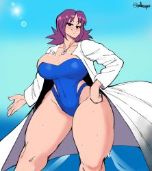 Rule 34 | 1girl, beach, breasts, clothes, collar, creatures (company), emboquo, female focus, game freak, highleg, highleg swimsuit, highres, lab coat, large breasts, looking at viewer, medium hair, narrow waist, nintendo, one-piece swimsuit, philena ivy, pokemon, pokemon (anime), pokemon (classic anime), purple hair, short hair, sky, smile, solo, standing, strapless, sweat, swimsuit, thick thighs, thighs, wet, wide hips