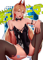 Rule 34 | 1girl, arm at side, arm garter, arm on knee, black arm garter, black bow, black bowtie, black leotard, blonde hair, blush, bow, bowtie, breasts, chainsaw man, collar, cross-shaped pupils, demon horns, detached collar, feet out of frame, fishnet thighhighs, fishnets, hand on ground, horns, inhoso, knee up, leotard, long hair, looking at viewer, open mouth, playboy bunny, power (chainsaw man), red horns, red nails, red pupils, sharp teeth, shiny clothes, shiny leotard, simple background, sitting, small breasts, solo, spread legs, straight hair, strapless, strapless leotard, symbol-shaped pupils, teeth, thighhighs, tongue, translation request, white background, white collar, yellow eyes