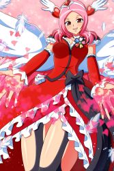 Rule 34 | 00s, 1girl, absurdres, alternate legwear, angel wings, aokura shou, bow, brooch, choker, cure angel, cure passion, cure passion (angel), dress, feathers, fresh precure!, frills, hair ornament, head wings, heart, heart hair ornament, higashi setsuna, highres, jewelry, long hair, magical girl, petals, pink background, pink hair, precure, red dress, red eyes, ribbon, smile, solo, thigh strap, thighhighs, tiara, waist bow, white choker, white wings, wings