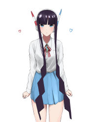 Rule 34 | 1girl, alternate costume, black hair, blue eyes, blue skirt, blunt bangs, blush, bow, bowtie, breast pocket, breasts, collared shirt, commentary request, creatures (company), elesa (pokemon), game freak, gym leader, headphones, heart, highres, long hair, long sleeves, looking at viewer, nail polish, nintendo, nishikino kee, pleated skirt, pocket, pokemon, pokemon bw2, shirt, simple background, skirt, solo, striped bow, striped bowtie, striped clothes, striped neckwear, twintails, very long hair, white background, white shirt
