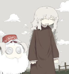 Rule 34 | 1girl, @ @, animal, arms at sides, bags under eyes, baseball cap, brown dress, closed eyes, clothed animal, cloud, curly hair, day, dress, fence, field, grey hair, grey sky, hat, highres, long hair, long sleeves, open mouth, original, outdoors, sheep, sky, solo, standing, torosakana, wavy mouth, wooden fence