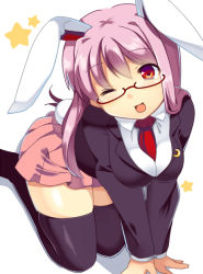 Rule 34 | 1girl, ;d, all fours, animal ears, bad id, bad nicoseiga id, bespectacled, black thighhighs, blush, female focus, glasses, long hair, matatabi maru, necktie, one eye closed, open mouth, pink hair, rabbit ears, rabbit girl, rabbit tail, red-framed eyewear, red eyes, red necktie, reisen udongein inaba, simple background, skirt, smile, solo, star (symbol), tail, thighhighs, touhou, white background, wink, zettai ryouiki