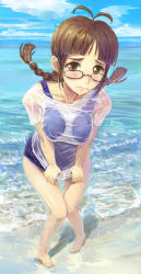 Rule 34 | 00s, akizuki ritsuko, barefoot, beach, blush, braid, brown eyes, brown hair, covering privates, covering crotch, day, embarrassed, glasses, idolmaster, idolmaster (classic), idolmaster 1, no pants, ocean, one-piece swimsuit, school swimsuit, shirt, shirt tug, solo, swimsuit, swimsuit under clothes, tani, twin braids, wet, wet clothes, wet shirt