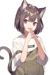 Rule 34 | 1girl, :d, animal ears, brown hair, cat ears, cat tail, fang, fingers together, nail polish, off shoulder, open mouth, original, pink nails, shirt, short hair, short sleeves, shugao, simple background, smile, suspenders, tail, white shirt