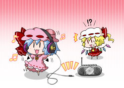Rule 34 | !?, 2girls, :3, :d, ^^^, ascot, bad id, bad pixiv id, barefoot, bat wings, beamed quavers, blonde hair, blue hair, bow, brooch, chibi, dancing, detached wings, dress, flandre scarlet, gradient background, hat, hat bow, headphones, jewelry, mob cap, multiple girls, musical note, noai nioshi, open mouth, pink dress, puffy short sleeves, puffy sleeves, quaver, red bow, red dress, remilia scarlet, short hair, short sleeves, smile, sweat, touhou, wings, | |