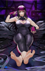 Rule 34 | 1girl, bare shoulders, barefoot, biker clothes, bikesuit, black bodysuit, black hair, bodysuit, bracelet, breasts, capcom, chinese clothes, cleavage, cleavage cutout, clothing cutout, drill hair, easonx, feet, foot focus, foreshortening, gloves, glowing, glowing eye, han juri, heart cutout, highres, jewelry, looking at viewer, navel, pants, purple hair, skin tight, soles, solo, spiked bracelet, spikes, stirrup legwear, street fighter, street fighter iv (series), toeless legwear, toes, tongue, tongue out, twin drills
