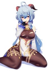 Rule 34 | 1girl, ahoge, areola slip, bell, black bodysuit, black gloves, blue hair, blush, bodysuit, breasts, cowbell, crying, crying with eyes open, dev (dev0614), ganyu (genshin impact), genshin impact, gloves, goat horns, highres, horns, long hair, looking at viewer, medium breasts, open mouth, purple eyes, sitting, skin tight, solo, tears, torn bodysuit, torn clothes, transparent background, very long hair