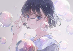 Rule 34 | 1girl, ajimita, black eyes, black hair, bob cut, bow, bowtie, brown bow, brown bowtie, bubble, closed mouth, collared shirt, commentary, unworn eyewear, glasses, grey shirt, hand up, holding, holding removed eyewear, looking at viewer, mole, mole under eye, mole under mouth, original, sailor collar, shirt, short hair, solo, twitter username, upper body
