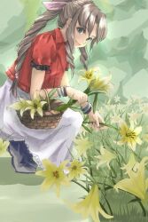 Rule 34 | 1girl, aerith gainsborough, bangle, basket, boots, bracelet, braid, braided ponytail, brown hair, cropped jacket, dress, final fantasy, final fantasy vii, final fantasy vii remake, flower, flower basket, full body, garden, grass, green eyes, hair ribbon, holding, holding basket, holding flower, jacket, jewelry, lily (flower), long dress, long hair, looking at viewer, open mouth, outdoors, parted bangs, pink dress, pink ribbon, pulupulupoodle, red jacket, ribbon, short sleeves, sidelocks, smile, solo, squatting, yellow flower