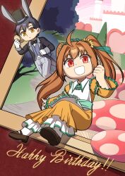 Rule 34 | 1boy, 1girl, ahoge, animal ears, antenna hair, black hair, bow, bowtie, brown hair, chibi, commentary, double-parted bangs, dress, eiyuu densetsu, english commentary, english text, estelle bright, fake animal ears, flower, formal, full body, gloves, hair between eyes, hair flower, hair ornament, hat, highres, joshua bright, long hair, looking at viewer, myol1997, open mouth, pocket watch, rabbit ears, red eyes, shoes, smile, sora no kiseki, suit, top hat, twintails, watch, white gloves, yellow eyes