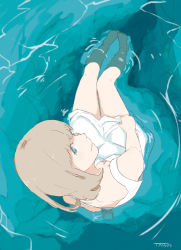 Rule 34 | 1girl, aqua theme, arm support, bad id, bad pixiv id, bare shoulders, barefoot, blonde hair, blue eyes, downblouse, dress, from above, highres, looking up, original, partially submerged, rock, signature, sitting, soaking feet, solo, sundress, taisos, water, white dress