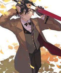 Rule 34 | 1boy, :|, black bow, black bowtie, black gloves, black pants, blurry, bow, bowtie, brown coat, closed mouth, coat, collared shirt, constantine xi (fate), depth of field, earrings, falling leaves, fate/grand order, fate (series), feet out of frame, ginkgo leaf, gloves, green vest, grey eyes, hair between eyes, highres, holding, holding sword, holding weapon, jewelry, kitada, lapels, leaf, looking at viewer, male focus, monocle, notched lapels, official alternate costume, pants, serious, sheath, shirt, short hair, solo, standing, sword, two-sided fabric, unsheathing, vest, weapon, white background, white shirt