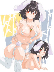 Rule 34 | 1girl, :d, alternate breast size, animal ears, ass, bikini, black hair, breasts, butt crack, carrot, carrot necklace, cleavage, grin, highres, inaba tewi, jewelry, koso some, large breasts, looking at viewer, looking back, micro bikini, multiple views, necklace, nipples, aged up, open mouth, oppai loli, pendant, rabbit ears, rabbit tail, red eyes, round teeth, short hair, side-tie bikini bottom, smile, solo, swimsuit, tail, teeth, thighhighs, tongue, touhou, upper teeth only, white thighhighs