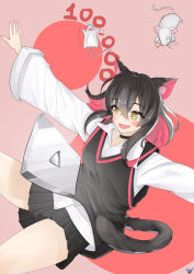 Rule 34 | 1girl, absurdres, animal ears, artist logo, black choker, black hair, black skirt, cat ears, cat tail, celebration, choker, fang, floating, fuugen, geumsahyang, highres, medium hair, mouse (animal), multicolored hair, open mouth, outstretched arms, pink hair, school uniform, shirt, signature, skirt, smile, solo, spread arms, streamer, sweater vest, tagme, tail, white shirt, yellow eyes, youtube logo
