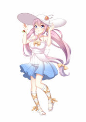 Rule 34 | 1girl, :d, arms up, blue dress, blush, chihong de tianshi, dress, full body, gradient dress, hair between eyes, hands on headwear, hat, long hair, looking at viewer, open mouth, original, personification, pink hair, pleated dress, purple eyes, sandals, simple background, smile, solo, standing, standing on one leg, sun hat, twintails, very long hair, white background, white dress, white footwear, white hat