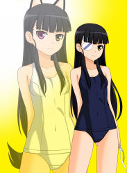 Rule 34 | 1girl, alternate hairstyle, animal ears, arms behind back, bare shoulders, black hair, blunt bangs, cat ears, eyepatch, gradient background, heterochromia, highres, hime cut, kenken, long hair, looking at viewer, official style, one-piece swimsuit, pink eyes, sakamoto mio, school swimsuit, smile, solo, standing, strike witches, swimsuit, white one-piece swimsuit, white school swimsuit, world witches series, yellow eyes, zoom layer