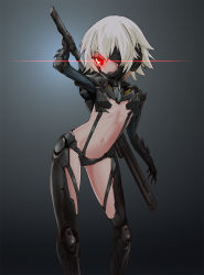 Rule 34 | 1girl, cosplay, cyborg, drawing sword, eyepatch, fate/grand order, fate (series), glowing, glowing eye, gradient background, highres, holding, holding sword, holding weapon, inata wataru, jack the ripper (fate/apocrypha), mechanical parts, metal gear (series), metal gear rising: revengeance, name connection, navel, raiden (cosplay), raiden (metal gear), scar, sheath, short hair, solo, sword, weapon, white hair