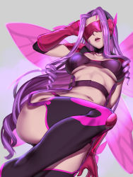 Rule 34 | 1girl, absurdres, black thighhighs, blindfold, boots, breasts, breasts apart, butterfly wings, commentary request, cosplay, covered eyes, digimon, digimon (creature), digimon frontier, elbow gloves, facing viewer, fairimon, fairimon (cosplay), fate/stay night, fate (series), garter straps, gloves, highres, insect wings, kumiko shiba, large breasts, lips, long hair, look-alike, medusa (fate), medusa (rider) (fate), navel, panties, purple gloves, purple hair, shiny skin, simple background, solo, teeth, thigh boots, thighhighs, underwear, very long hair, wings