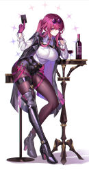 Rule 34 | 1girl, absurdres, alcohol, ankle boots, asymmetrical footwear, between fingers, black jacket, boots, bottle, breasts, card, card between fingers, closed mouth, collared shirt, commentary request, cup, drinking glass, eternity (shadeh), eyewear on head, full body, glasses, gloves, highres, holding, honkai: star rail, honkai (series), jacket, kafka (honkai: star rail), large breasts, leggings, long sleeves, looking at viewer, mismatched footwear, pince-nez, purple eyes, purple gloves, purple hair, purple leggings, shirt, single thighhigh, smile, thigh boots, thighhighs, thighs, white background, white shirt, wine, wine bottle, wine glass