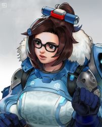 Rule 34 | 1girl, armor, black-framed eyewear, blue gloves, breasts, brown eyes, brown hair, commentary, english commentary, fur collar, glasses, gloves, grey background, highres, large breasts, lips, mei (overwatch), nose, overlord jc, overwatch, overwatch 2, short hair, short ponytail, shoulder armor, snowball (overwatch), solo, thick eyebrows, upper body