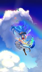 Rule 34 | 1girl, black hat, blue hair, blue sky, boots, cloud, cloudy sky, cross-laced footwear, flying, hair between eyes, hat, highres, hinanawi tenshi, lace-up boots, long hair, looking at viewer, open mouth, puffy short sleeves, puffy sleeves, rainbow, red eyes, shirt, short sleeves, skirt, sky, smile, solo, touhou, wankosoba, white sleeves
