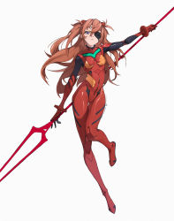 Rule 34 | 1girl, absurdres, blue eyes, bodysuit, breasts, breasts apart, brown hair, closed mouth, cyan yu, eyepatch, floating hair, frown, full body, headgear, highres, holding, holding weapon, lance of longinus (evangelion), long hair, looking at viewer, neon genesis evangelion, plugsuit, rebuild of evangelion, red bodysuit, shiny clothes, simple background, skin tight, small breasts, solo, souryuu asuka langley, twintails, very long hair, weapon, white background, wide hips