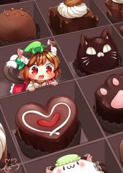 Rule 34 | 1girl, :3, :d, animal ears, blush, bow, bowtie, box, box of chocolates, brown hair, cat ears, cat tail, chen, chibi, chocolate, dress, drooling, ear piercing, fang, green hat, hat, heart, heart-shaped pupils, highres, ibaraki natou, in box, in container, long sleeves, mob cap, mouth drool, multiple tails, nekomata, open mouth, piercing, red dress, red eyes, short hair, signature, smile, solo, symbol-shaped pupils, tail, tareme, touhou, two tails, white bow, white bowtie