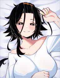 Rule 34 | 1girl, bangs pinned back, blush, borrowed character, breasts, collarbone, highres, holding, holding own hair, lakart, large breasts, lying, nail polish, on back, on bed, original, shirt, smile, solo, sweat, uni (unexistarts), white shirt, x x, yellow nails