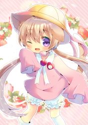 Rule 34 | 1girl, ;d, animal ear fluff, animal ears, bloomers, blush, cat ears, cat girl, cat tail, collared dress, commentary request, commission, diagonal stripes, dress, flower, food, fruit, hair between eyes, hat, headset, heart, kemonomimi mode, kindergarten uniform, kneehighs, kou hiyoyo, long hair, long sleeves, looking at viewer, low twintails, one eye closed, open mouth, pink background, pink dress, purple eyes, school hat, sleeves past fingers, sleeves past wrists, smile, socks, solo, standing, strawberry, striped, striped background, tail, tsukuyomi ai, twintails, underwear, very long hair, voiceroid, white background, white bloomers, white flower, white socks, yellow hat