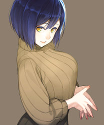 Rule 34 | 1girl, blue hair, brown background, closed mouth, eyeshadow, fingernails, kyo (kuroichigo), makeup, nail polish, original, own hands together, pink nails, ribbed sweater, short hair, simple background, smile, solo, sweater, turtleneck, turtleneck sweater, yellow eyes
