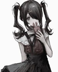 Rule 34 | 1girl, ame-chan (needy girl overdose), arm behind back, black eyes, black hair, black nails, black ribbon, black skirt, cellphone, chan8016, commentary, cowboy shot, empty eyes, hair ornament, hair over one eye, hand up, highres, holding, holding phone, looking at viewer, medium hair, muted color, neck ribbon, needy girl overdose, one eye covered, phone, red shirt, ribbon, scar, scar on arm, shirt, shirt tucked in, simple background, skirt, smartphone, solo, suspender skirt, suspenders, symbol-only commentary, twintails, white background, x hair ornament