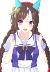 Rule 34 | 1girl, 2-butani, absurdres, animal ears, beret, blush, bow, bowtie, breasts, brown hair, clenched hands, commentary request, cropped torso, ear bow, ear covers, hands up, hat, highres, hokko tarumae (umamusume), horse ears, horse girl, long hair, looking at viewer, medium breasts, multicolored hair, parted lips, purple eyes, purple shirt, sailor collar, school uniform, shirt, short sleeves, smile, solo, streaked hair, tracen school uniform, umamusume, upper body, white background, white hat