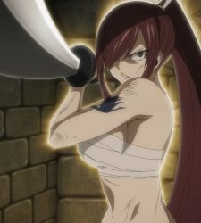 Rule 34 | 1girl, angry, aura, bandages, bandages around chest, breasts, brown eyes, erza scarlet, fairy tail, female focus, hair over one eye, highres, katana, large breasts, long hair, ponytail, red hair, sarashi, screencap, sideboob, solo, stitched, sword, tattoo, third-party edit, weapon