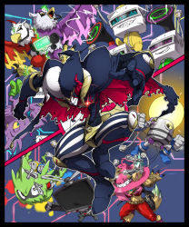 Rule 34 | 1girl, 6+boys, appmon, armor, artist request, cape, character request, creature, digimon, digimon universe: appli monsters, effecmon, fakemon (appmon), full armor, full body, hat, highres, horns, jester cap, looking at viewer, monster, multiple boys, multiple views, no humans, pants, simple background, size difference, standing, striped clothes, striped pants