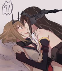 Rule 34 | !?, 2girls, aoki shizumi, bare shoulders, black hair, blush, breasts, brown hair, elbow gloves, closed eyes, fingerless gloves, gloves, green eyes, hands on shoulders, headgear, kantai collection, kiss, long hair, looking at another, medium breasts, multiple girls, mutsu (kancolle), nagato (kancolle), open mouth, short hair, spoken interrobang, surprised, white gloves, yuri