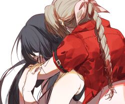 2girls aerith_gainsborough arm_around_neck black_bra black_hair bra braid braided_ponytail brown_hair closed_eyes cropped_jacket crying dress final_fantasy final_fantasy_vii final_fantasy_vii_rebirth final_fantasy_vii_remake hair_ribbon highres holding_another&#039;s_arm hug jacket multiple_girls pink_dress pink_ribbon red_jacket ribbon sera_(serappi) shirt short_sleeves single_braid sleeveless sleeveless_shirt sports_bra tears tifa_lockhart underwear white_background white_shirt