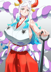Rule 34 | 1girl, arm up, armpits, bare arms, breasts, closed mouth, club, club (weapon), collarbone, cowboy shot, cuffs, curled horns, earrings, fingernails, hair ornament, hair stick, hakama, highres, hip vent, holding, holding weapon, horns, ikataishogun (king squid), japanese clothes, jewelry, kimono, large breasts, looking at viewer, multicolored horns, one piece, oni, orange eyes, orange horns, red horns, rope, shackles, shimenawa, sideboob, sidelocks, sleeveless, sleeveless kimono, smile, solo, weapon, yamato (one piece)