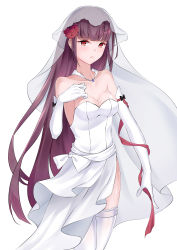 Rule 34 | 1girl, absurdres, alternate costume, alternate hairstyle, arm at side, arm ribbon, blush, breasts, bridal veil, clark (159123), cleavage, collarbone, dress, elbow gloves, flower, girls&#039; frontline, gloves, hair flower, hair ornament, hand on own chest, highres, jewelry, large breasts, long hair, looking at viewer, open mouth, pendant, purple hair, red eyes, ribbon, sidelocks, simple background, solo, strapless, strapless dress, thighhighs, thighs, veil, very long hair, wa2000 (girls&#039; frontline), wedding dress, white background, white gloves, white thighhighs