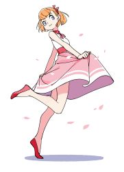 Rule 34 | 1girl, absurdres, bare legs, blonde hair, dress, highres, holding, holding clothes, holding dress, leg up, original, petals, pink dress, red footwear, shadow, shoes, short hair, sleeveless, sleeveless dress, solo, standing, standing on one leg, tayama midori, white background