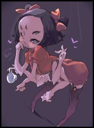 Rule 34 | 1girl, ass, bow, capelet, colored skin, cup, dress, extra arms, female focus, hair bow, heart, heart-shaped pupils, highres, arthropod girl, kohaku q, leaning forward, monster girl, muffet, one eye closed, puffy short sleeves, puffy sleeves, purple skin, short hair, short sleeves, short twintails, solo, spider girl, symbol-shaped pupils, teacup, thighhighs, twintails, undertale